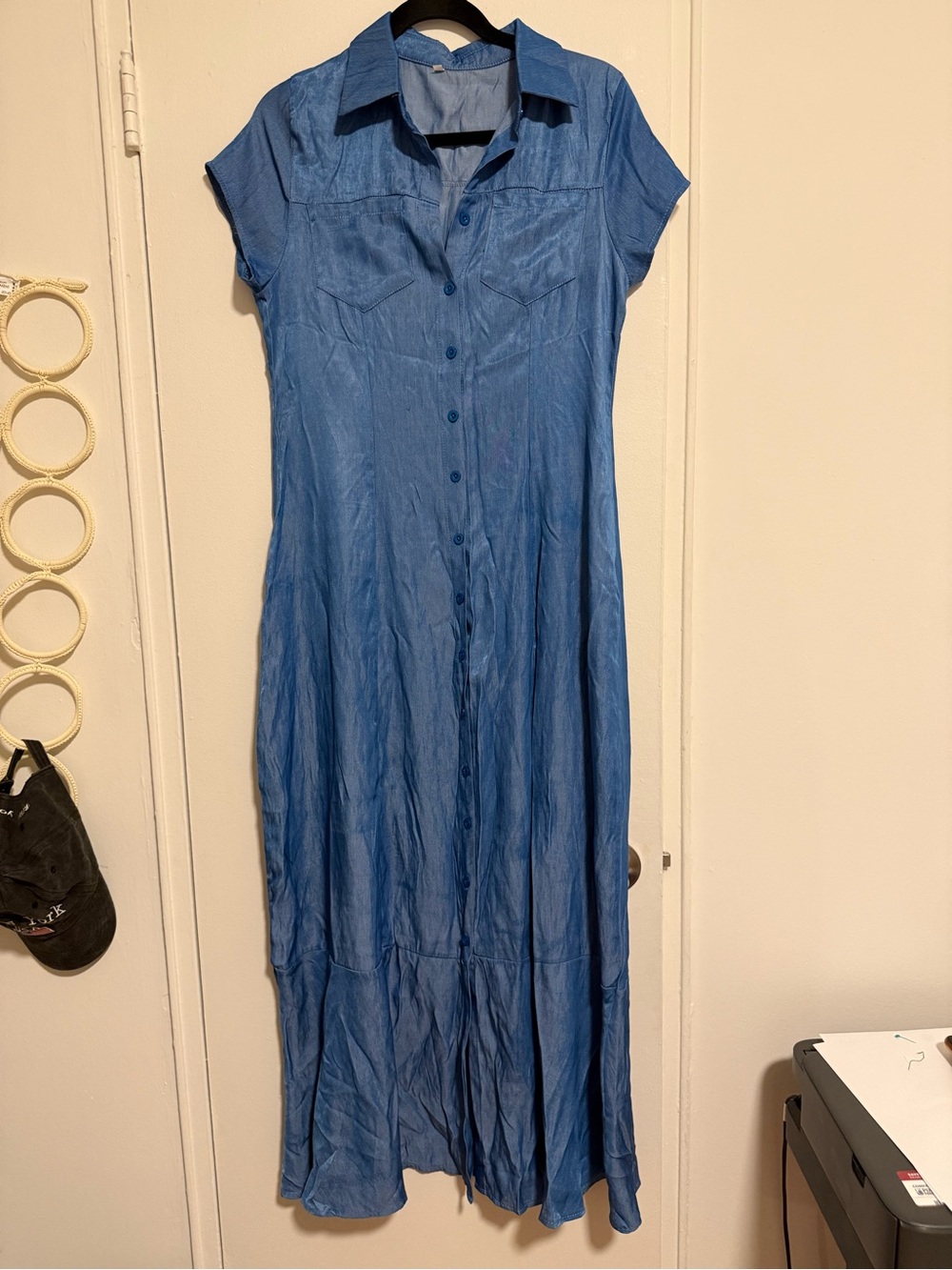 Blue Button-Front Maxi Shirt Dress